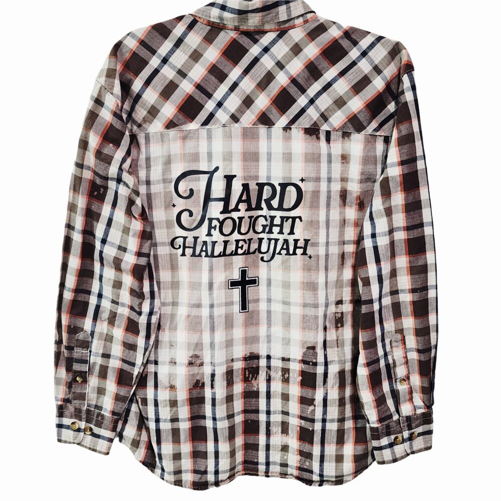 Hard Fought Hallelujah Custom Christian Upcycled Plaid Shirt, Unisex M/L